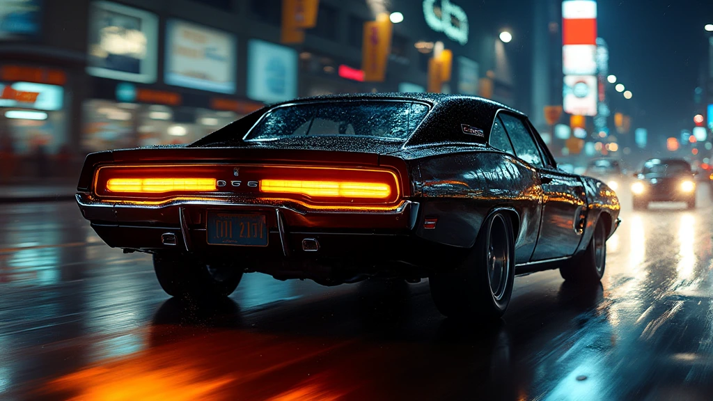 A shiny, midnight black Dodge Charger R/T with glowing yellow taillights speeding down a glistening city street on a rainy night. The sleek vehicle reflects the vibrant lights from the surrounding urban landscape, creating a dramatic and dynamic scene full of motion and power.