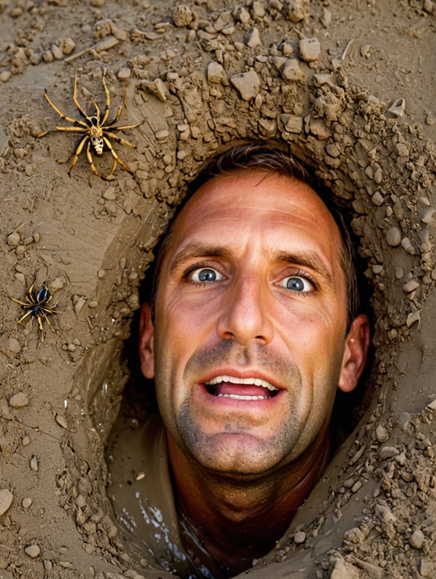 sinking in quicksand with large spiders crawling