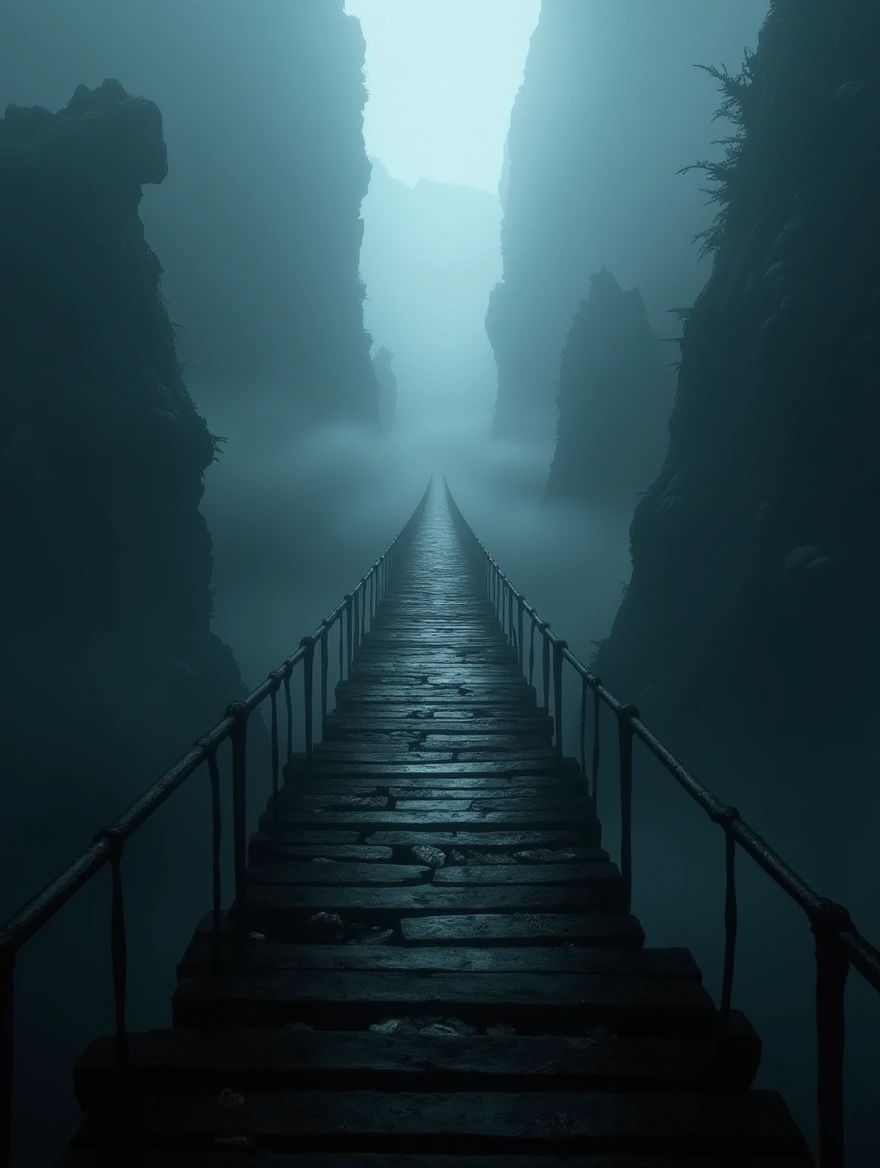 A bridge stretching into the unknown, disappearing into a thick mystical mist. The ethereal atmosphere creates a surreal landscape with high attention to detail in a cinematic lighting setting. Soft shadows play under the dreamlike, hauntingly beautiful scene, reminiscent of a masterpiece digital painting by Caspar David Friedrich and Greg Rutkowski. This 8k resolution artwork brings a sense of wonder to the viewer, inviting them to explore the hidden depths of the mysterious surroundings.