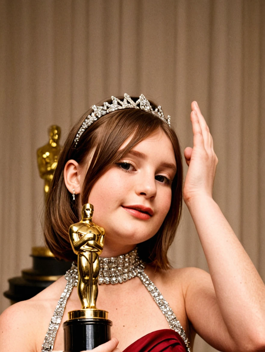 Woman wearing a glamorous dress winning an Oscar