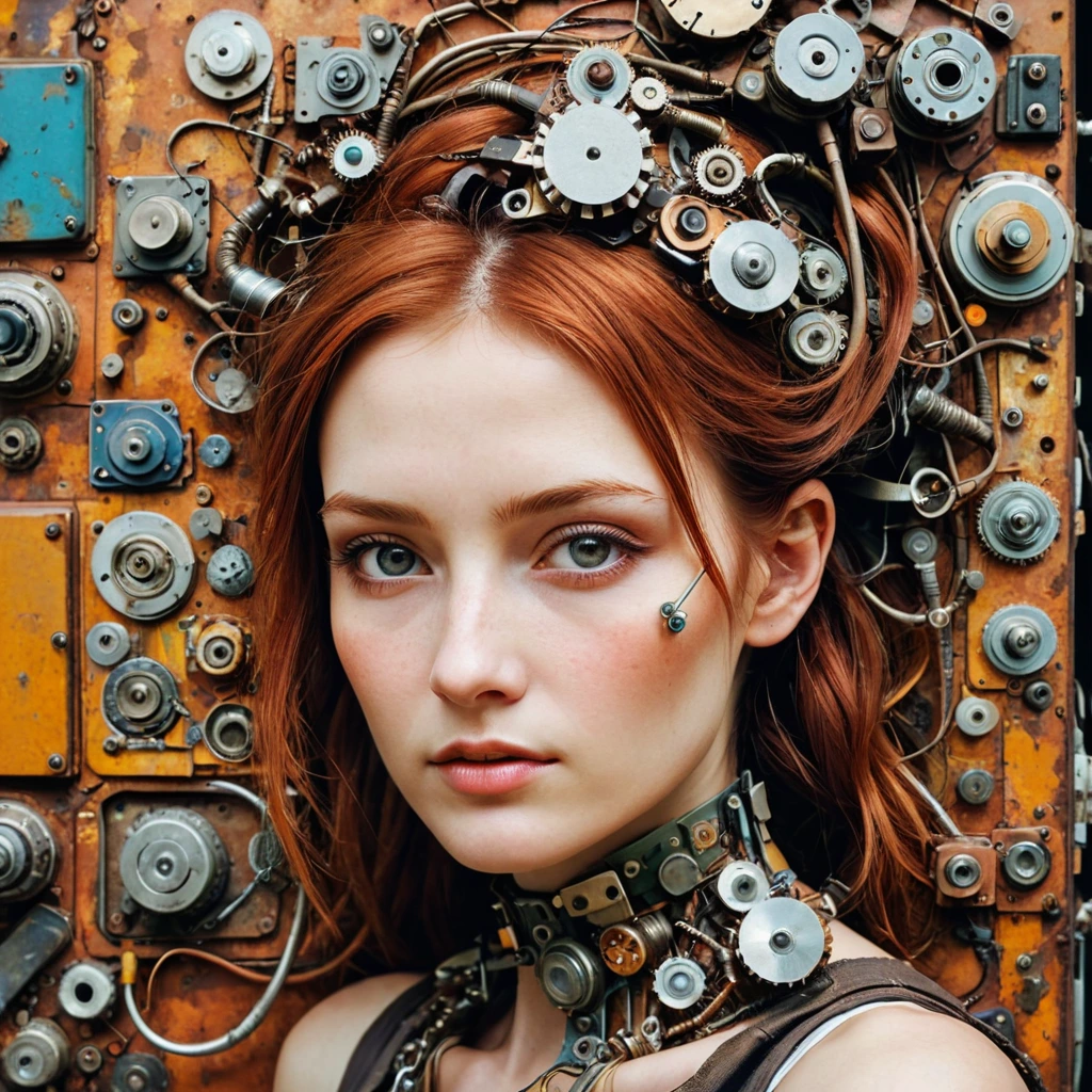 Create a woman pieced together from scrap parts junk scrap electronics rusty metal broken old archaic technology pieced together into a woman. surrealist style, fantastical, magical, unexpected, super detail, dreamy lo-fi photography, colorful