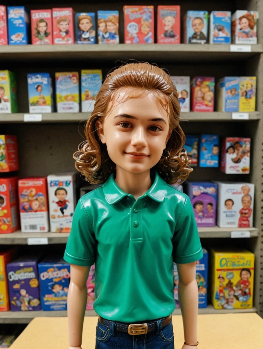 A plastic bobblehead doll with a big head