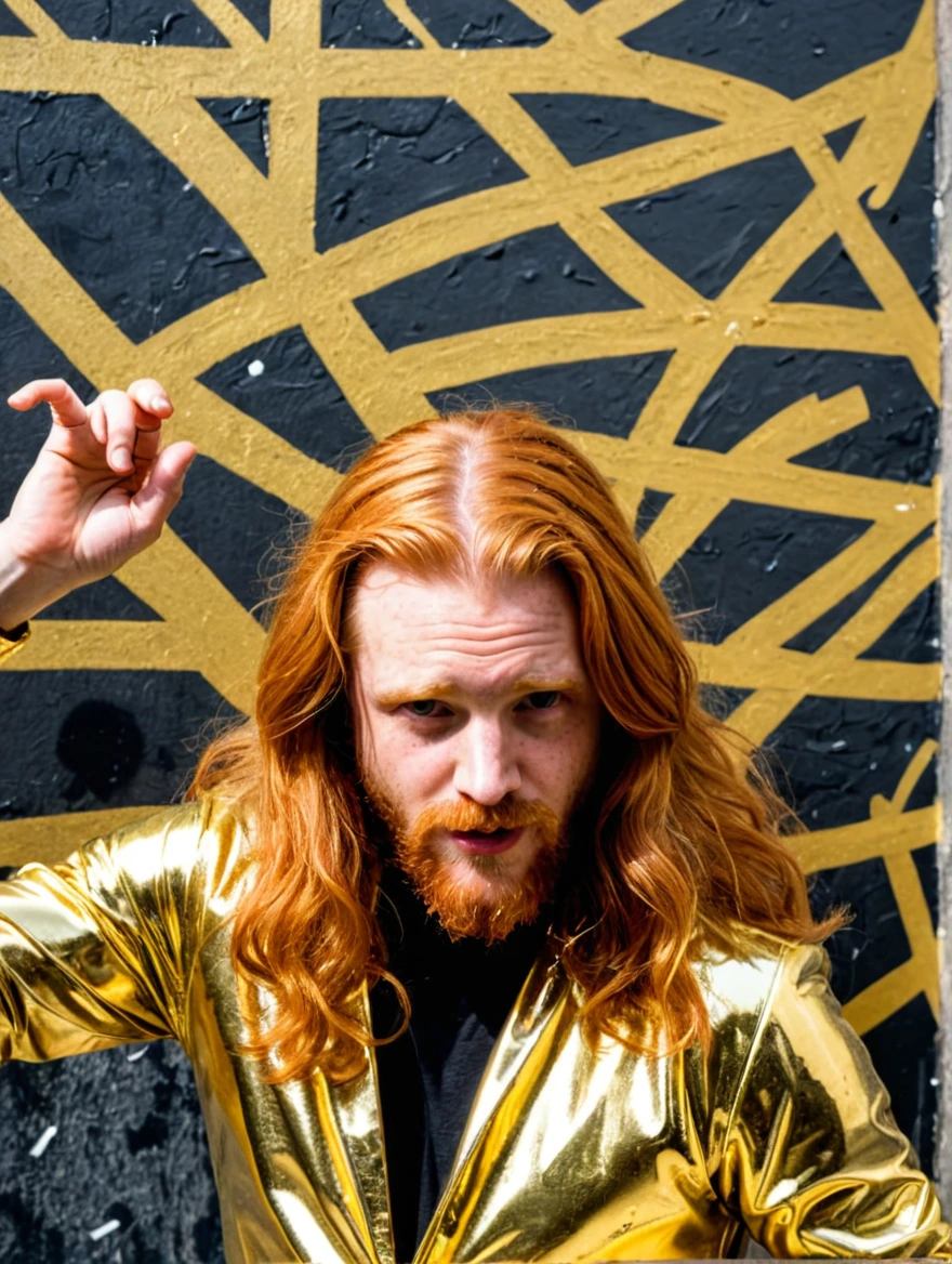 Solid Gold male dancer with long ginger hair and a trimmed beard , inspired by Mr brainwash streetart