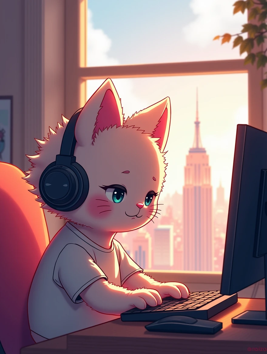 An anime-style illustration featuring a Hello-kitty wearing headphones and T-shirt as he works on his computer. Soft, warm lighting highlights his fur, creating a cozy and nostalgic atmosphere. Through the window behind him, a bustling cityscape can be seen. In the top right corner, a touch of artistic flair adds to the overall stylish composition.