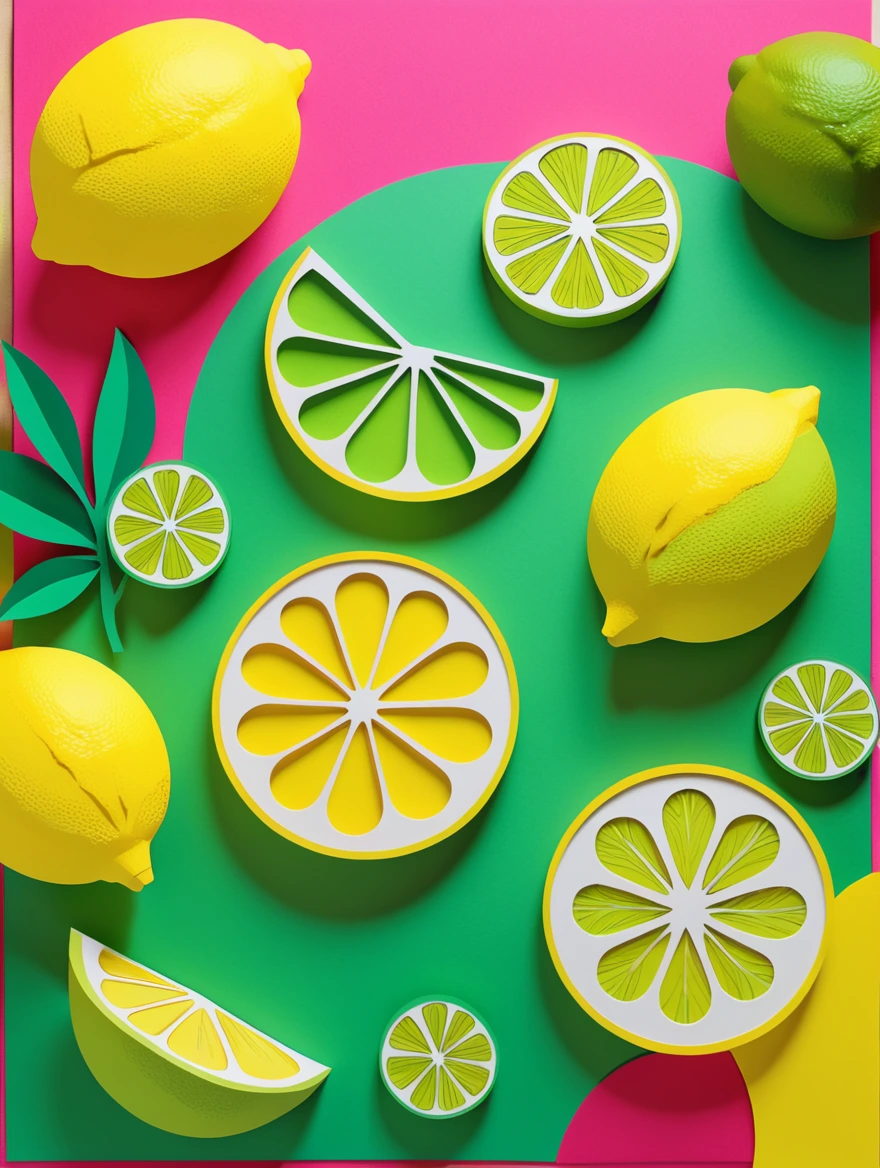 a lemon and a lime, three dimensional paper cut style, bright colors