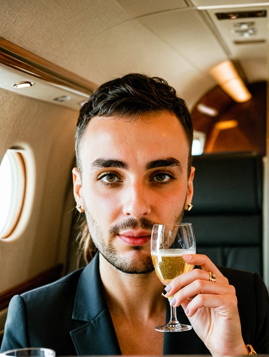 woman drinking champagne on a private jet