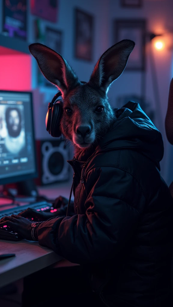 A kangaroo working on a computer being a streamer playing video games with black headphones and neon colors the kangaroo dressed in black punk clothes and in a room prepared for video All black