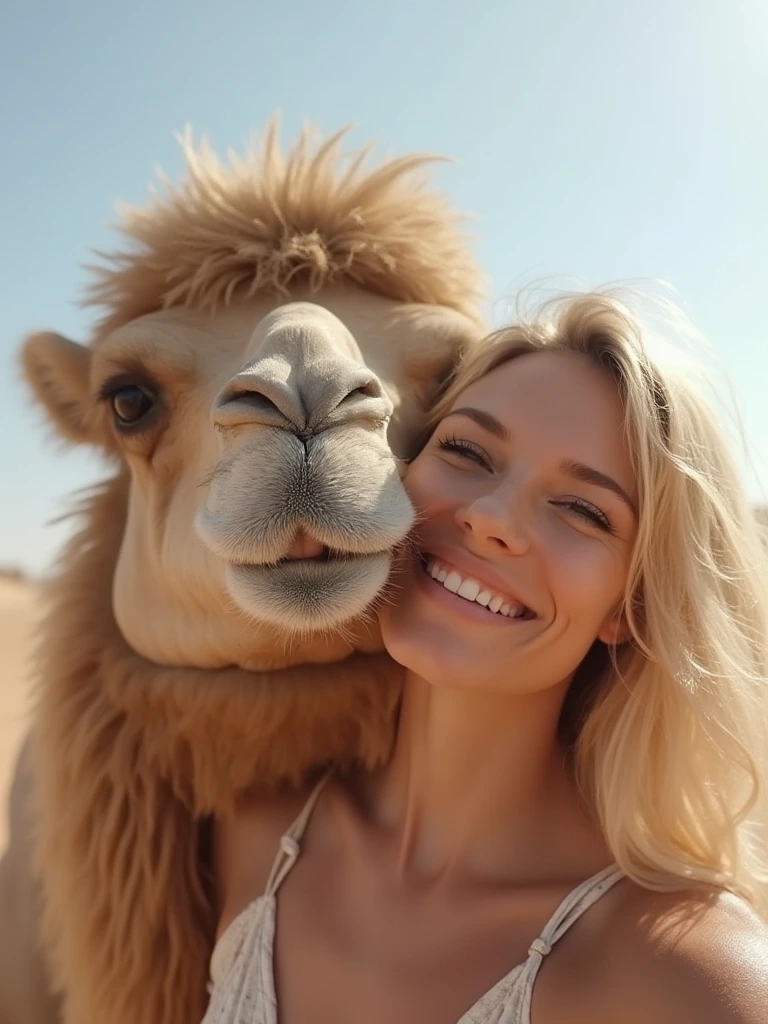 Blonde woman photobombed by a camel while taking a selfie