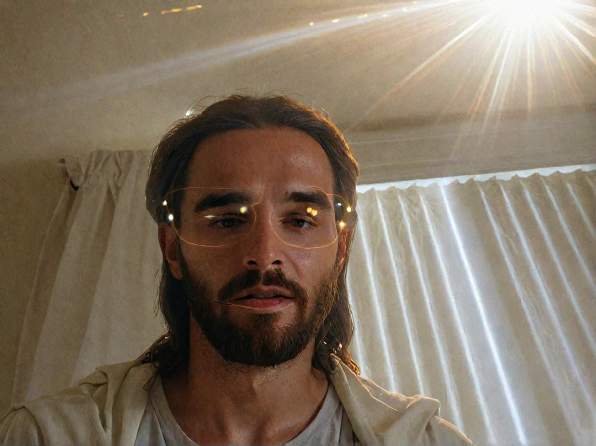 jesus with god beams flashing around head