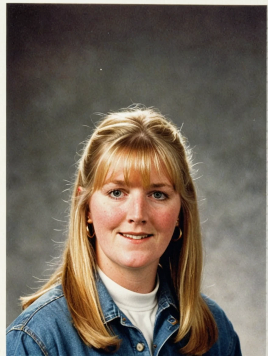 A 1993 yearbook photo of female high school student, plaid, jeans, hairspray, mini-skirts