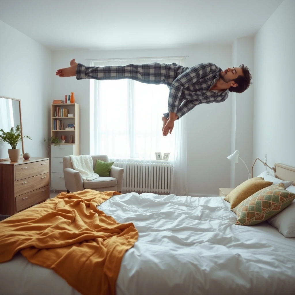 A surreal image of a modern, well-lit bedroom with a man levitating horizontally above a bed. The man wearing a gray plaid pajama, and appears to be in a deep sleep or relaxed state, with his eyes closed. while the rest of his body is suspended in the air. 
The bed below him has a white, slightly disheveled sheet, with a mustard yellow blanket partially draped over the side. There are two pillows on the bed, one green and another with a colorful geometric pattern. 
In the background, a cozy upholstered chair with a white blanket draped over it is visible. To the left, there is an open shelf with books and decorative objects, and a potted plant on a dresser. The room is softly lit by natural light coming through a large window, illuminating the serene yet mysterious scene. The walls are light-colored, likely white or a very pale shade, which enhances the focus on the levitating man and the soft-toned elements in the room. The overall atmosphere is calm and serene, with the levitation adding a dreamlike, slightly unsettling contrast.