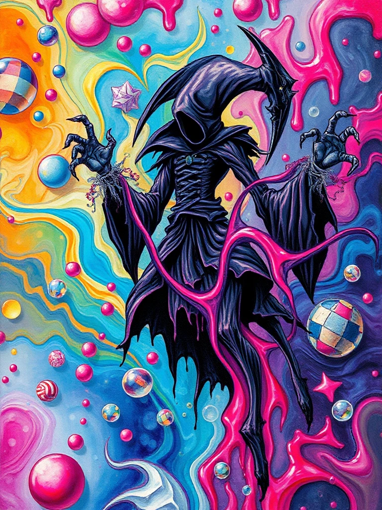 A mesmerizing blend of mutated pastel alcohol ink painting, inspired by a whimsical style, creates a fractal close-up. Vibrant colors swirl intricately inside a dripping bubble world, forming a dreamy and mystical backdrop reminiscent of a chaotic Candyland. Subtle cyber elements add a touch of dark charm while a benevolent humanoid male vampiric Grim Reaper, inspired by artists Boris Vallejo, Julie Bell, and Dorian Vallejo, floats whimsically through the composition. The distinctive styles of each artist intertwine, inviting viewers into an enchanting, otherworldly realm of artistic wonder.