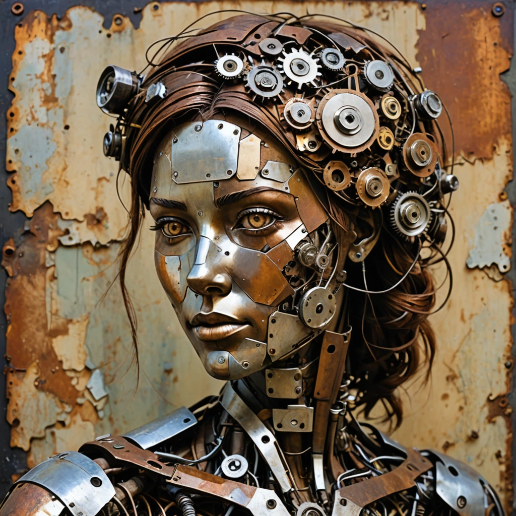 Create a woman pieced together from scrap parts junk scrap electronics rusty metal broken old archaic technology pieced together into a woman.