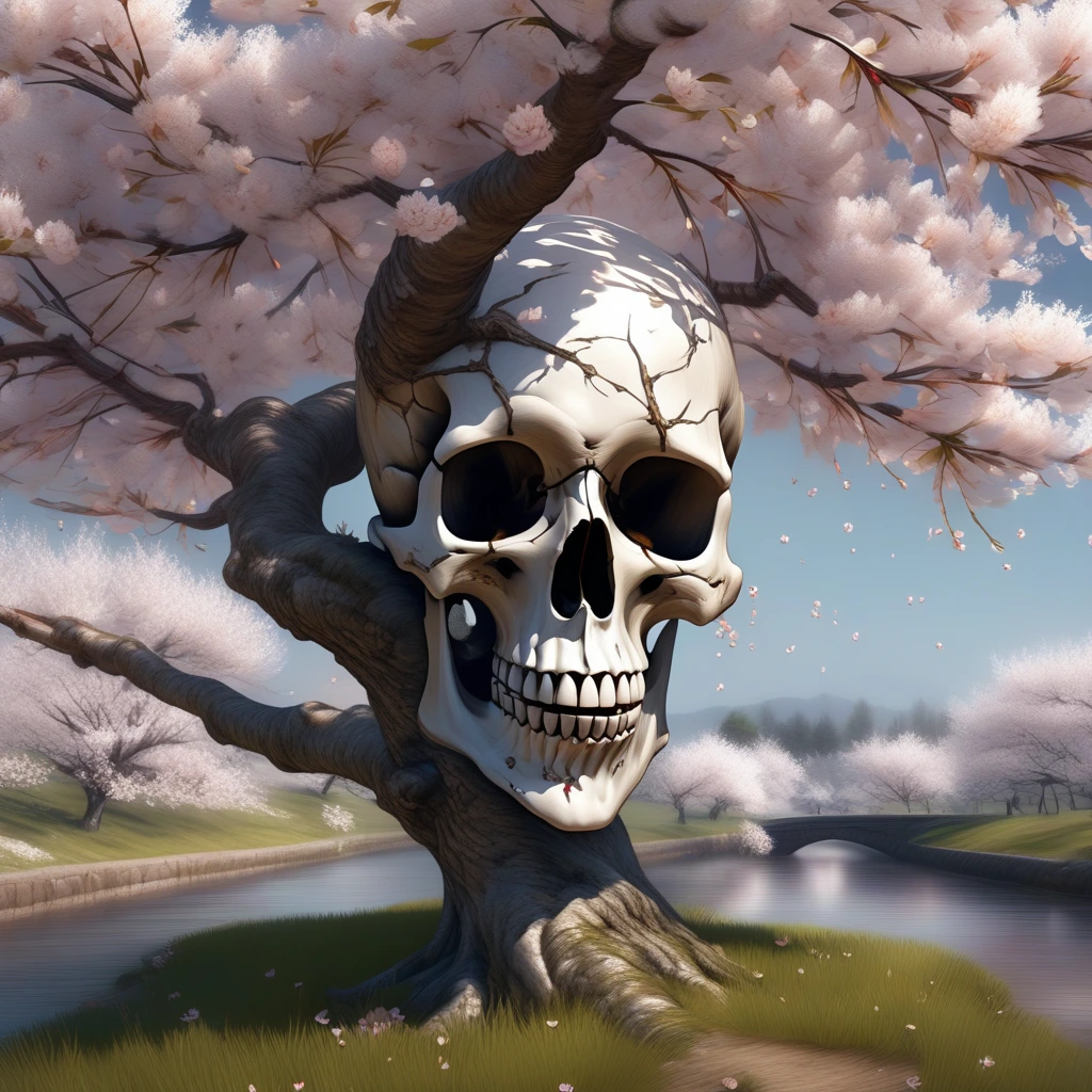 Generate a high-resolution, photorealistic image of a beautiful cherry tree in full bloom by a stream.
The illusion of a skull appears to be formed by the arrangement of windswept blossoms and boughs, as though through double exposure
, rendered in 8k resolution.