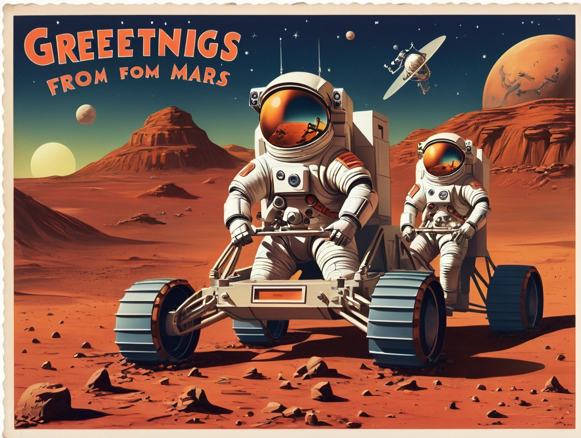 Postcard with text "Greetings from Mars", vintage postcard style,