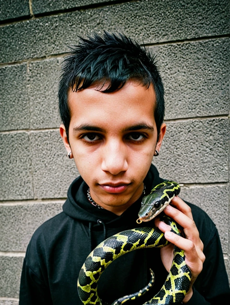 A male goth with piercings and a pet snake