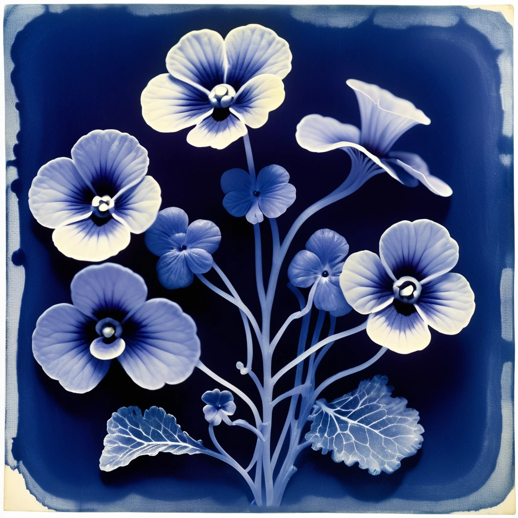 biomorphic violets, macro photo in the style of Robert Crumb, Stanley George Miller, and Arnulf Rainer. Cyanotype photo