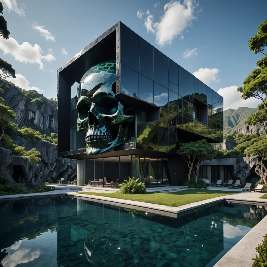 A 4D organic biomorphic Onyx colored building designed to resemble the face of actor min skull , with each structure perfectly mirroring his features. The building is situated in a volcanic hell landmass, with a highly illusional art form and transparent, crystal-clear effects. The scenery includes highly detailed, exotic, horrifying, elegant, mysterious, and mystical elements, reminiscent of the Amazon forest and Pompeii volcano. The backdrop features mystical green nature vibes, with microscopic skulls engraved into the transparent house, blending seamlessly with the volcano's mountainous terrain. The building boasts 80 transparent windows, a symmetrical and elegant design suitable for comfortable living, alongside a colossal pool that integrates seamlessly into the mystical surroundings. The skull is portrayed in onyx black with transparent elements, set in a different galaxy dimension, with a futuristic pool shaped in rectangles, squares, and hexagons.huge Olympic pool