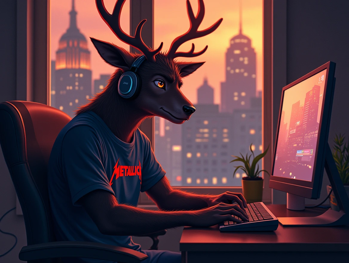 An anime-style illustration featuring an adult humanoid Wendigo with Antlers wearing headphones and Metallica T-shirt as he works on his computer. Soft, warm lighting highlights his fur, creating a cozy and nostalgic atmosphere. Through the window behind him, a bustling cityscape can be seen. In the top right corner, a touch of artistic flair adds to the overall stylish composition.