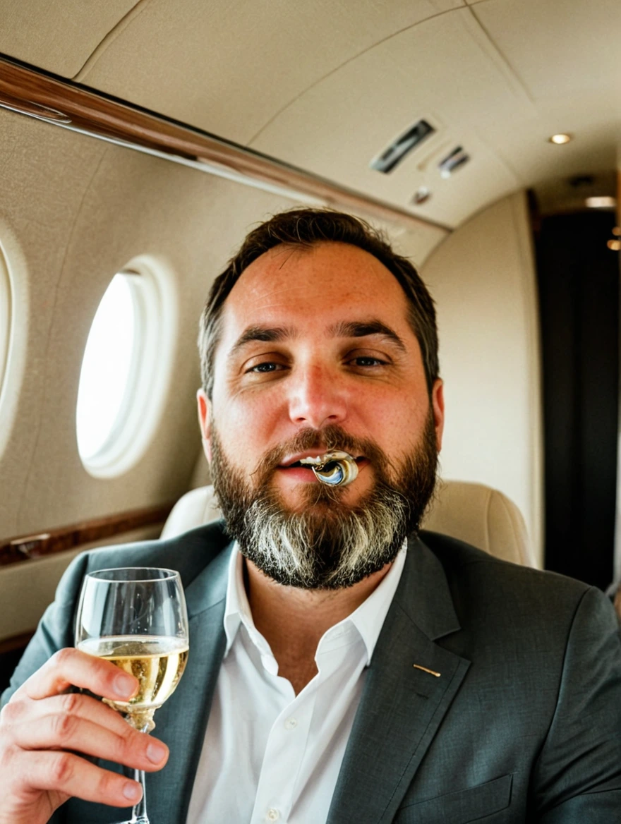 man drinking champagne on a private jet