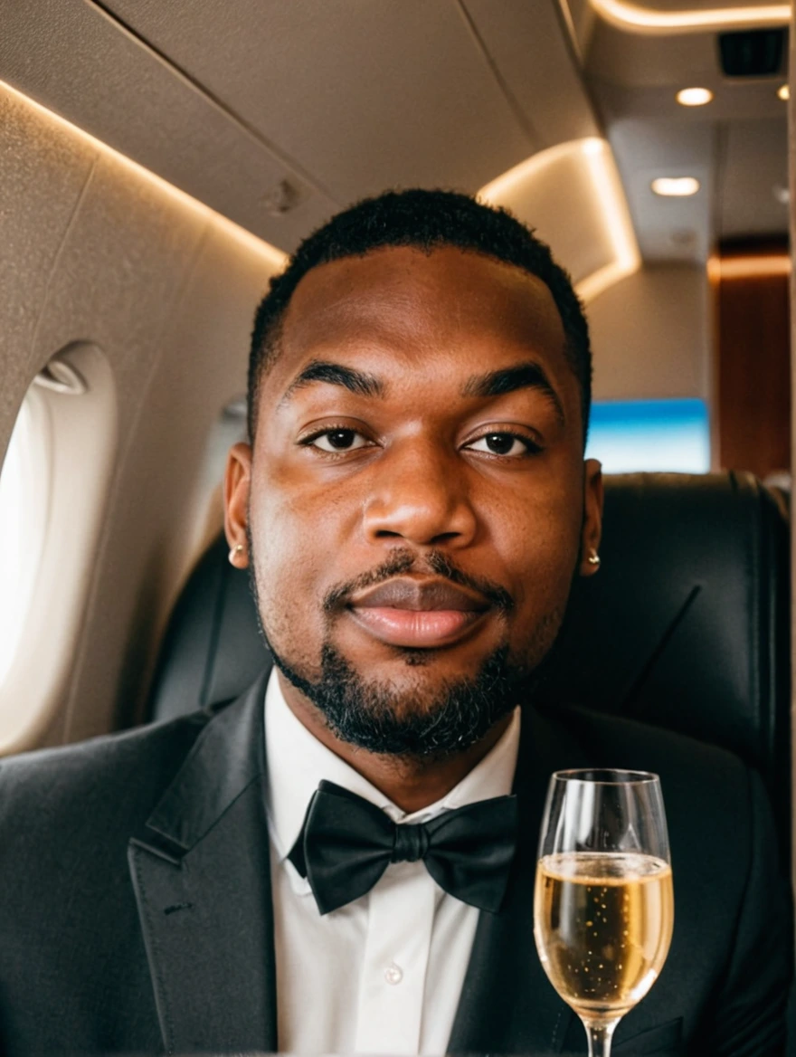 man drinking champagne on a private jet