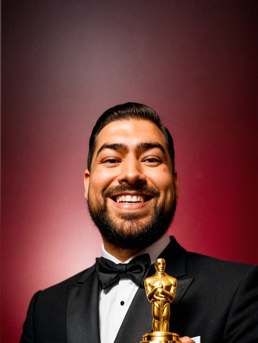 Man wearing a tuxedo winning an Oscar