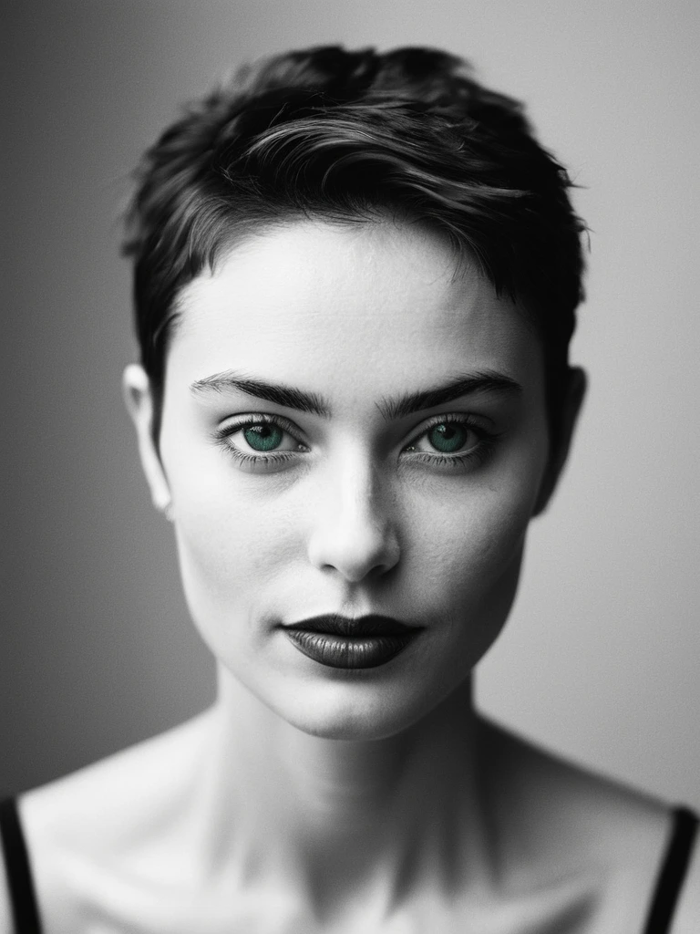 A monochrome headshot resembling high ISO 35mm black and white film, emulating pushed Kodak Tri-X 400. The subject: a pretty atrab woman with high cheekbones, with a top heavy undercut, red lips and emerald green eyes. Mimic a classic 35mm camera setup, ISO 1600, with a 50mm lens at f/2.8 for a shallow depth of field and soft background. Use high-contrast lighting from a single softbox at a 45-degree angle for deep shadows and highlights, enhancing texture and depth, pronounced grain, focusing on facial details