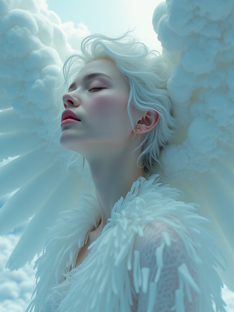 A serene young goddess, with closed eyes, embodying an archangel in a surreal fusion of swirling clouds and icy formations. This photorealistic portrait exudes a delicate balance of tranquility and dystopian eeriness, illuminated by cinematic lighting that enhances the detailed facial features. With influences from artists like Artgerm, Yoji Shinkawa, and Hyung-tae Kim, this high-resolution rendering captures a moment of magical, fantastical beauty in a richly textured, fantasy storybook illustration style, reminiscent of a hyper-realistic watercolor masterpiece in the vein of "The Fifth Element" movie, with a touch of baroque aesthetic.