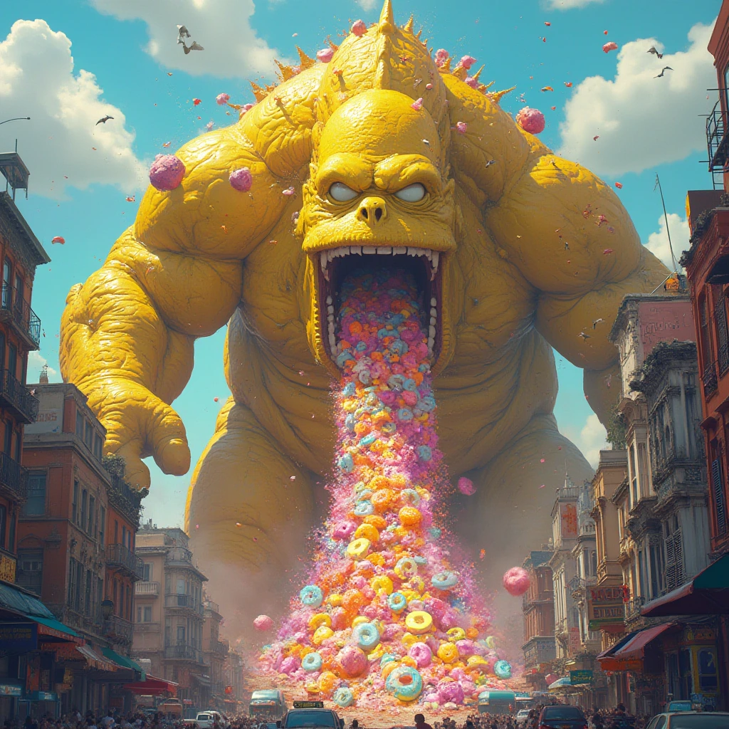 A towering, larger-than-life Homer Simpson Kaiju, with reptilian cat-like eyes gleaming with power and mischief, unleashes a vibrant stream of assorted donut chunks vomit from its jaws. The chaotic scene unfolds in a bustling cityscape below, with buildings crumbling and colorful magic adding an element of destruction in this photorealistic depiction.