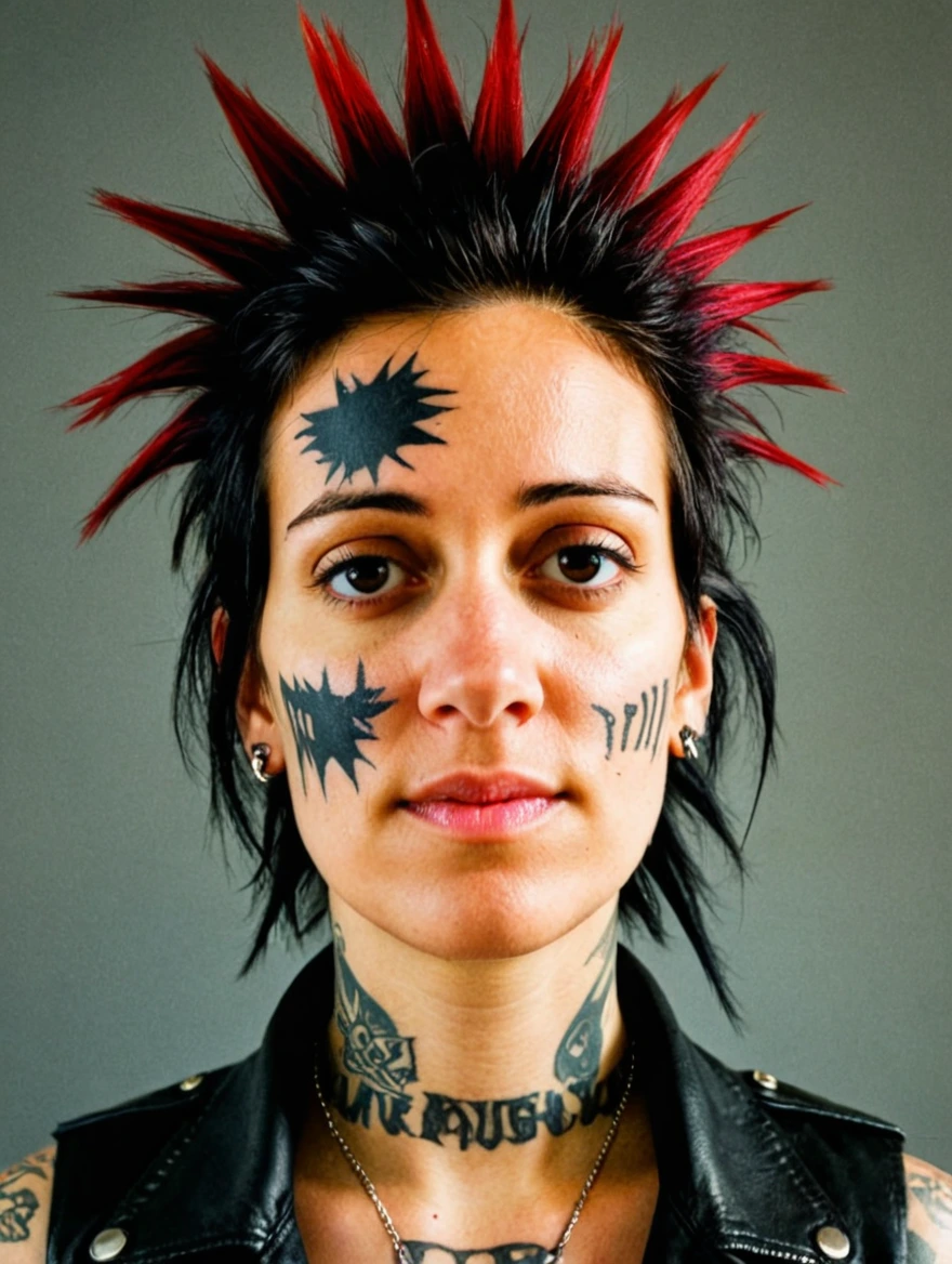 A female punk rocker with tattoos & a mohawk