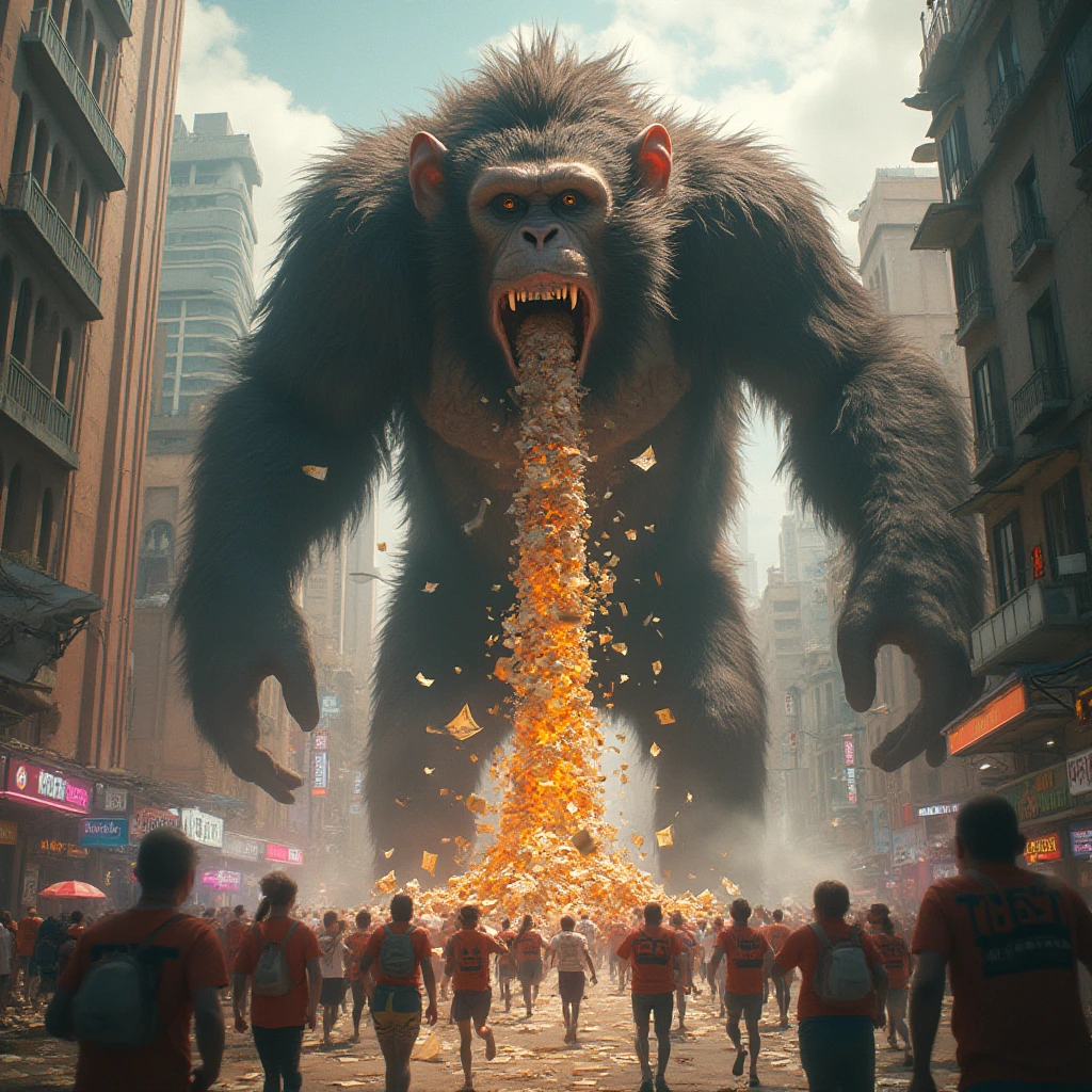 A towering, larger-than-life beautiful Monkey , gleaming with power and mischief, unleashes a vibrant stream of assorted chunks of Money vomit from its jaws. The chaotic scene with people running with the word "JEET" on their shirt, unfolds in a bustling cityscape below, with buildings crumbling and colorful magic adding an element of destruction in this photorealistic depiction.