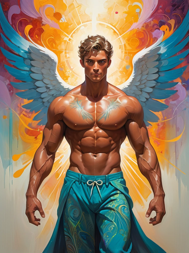 Regal angelical whimsical shirtless muscle male figures with a attractive expression, flanked by intricate flurry patterns and rich textures, painted with vibrant colors that seem to glow, creating a sense of depth and movement. The brushstrokes are precise and delicate, enhancing the ethereal attractive atmosphere of the scene. Bright highlights and deep shadows play together to emphasize the volumetric virile composition of the painting, drawing the viewer's eye towards the centered figure with an almost otherworldly presence.