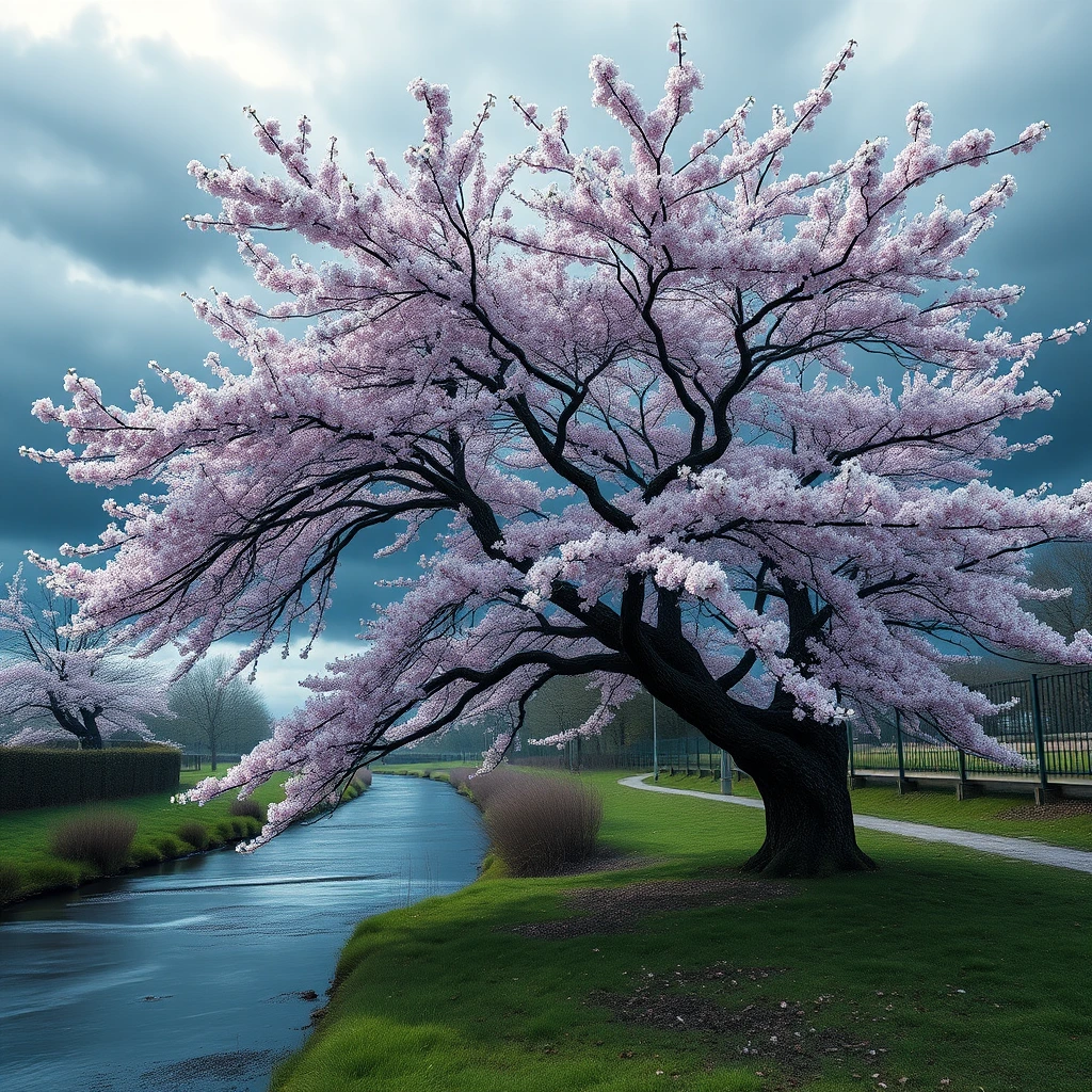 Generate a high-resolution, photorealistic image of a beautiful cherry tree in full bloom by a stream. The arrangement of windswept blossoms and boughs against the stormy sky creates the illusion of something seen but not seen, that seems to resemble a haunting demonic visage
, rendered in 8k resolution.