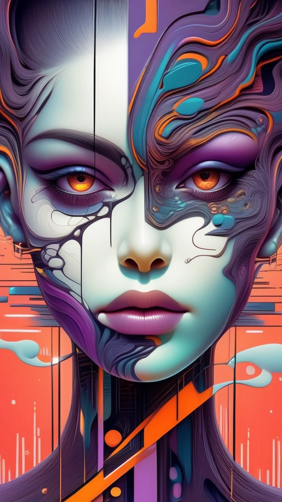 A surreal digital illustration of a stylized human face made up of abstract, fluid shapes, with a combination of smooth, flowing lines and sharp geometric edges. The left side of the face is formed by a mix of colorful, swirling liquid shapes in shades of purple, teal, and black, wet dripping down, while the right side features a more rigid cybernetic, white, sculpted form with digital and mechanical features. The lips are bright red and glossy, positioned centrally, creating a striking focal point. The background is an eerie prison cell red graffiti that transitions from warm yellow-orange at the center to a darker shade at the edges, giving a glowing effect behind the abstract face. The overall style is futuristic and artistic, with a strong emphasis on contrast and symmetry.