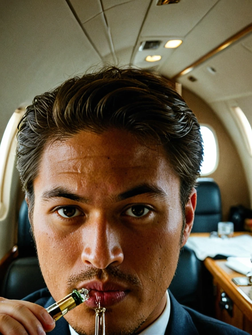 man drinking champagne on a private jet