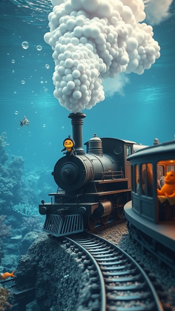 An underwater steam train, a flock of giant bubbles comes out of the chimney, the train driver is an anthropomorphic barb, the track is surrounded by coral and sea life, the train stops at a train station with sea life  boarding the wagons. side angle, tiltshift, long shot technique