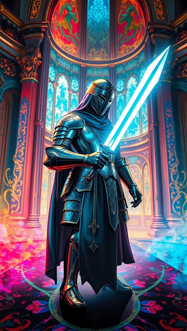 A stunning knight clad in shimmering armor, adorne…
