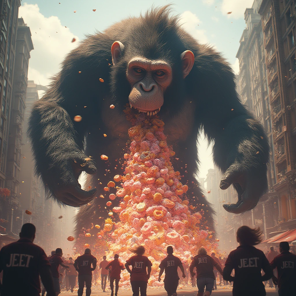 A towering, larger-than-life beautiful Monkey , gleaming with power and mischief, unleashes a vibrant stream of assorted donut chunks vomit from its jaws. The chaotic scene with people running with the word "JEET" on their shirt, unfolds in a bustling cityscape below, with buildings crumbling and colorful magic adding an element of destruction in this photorealistic depiction.