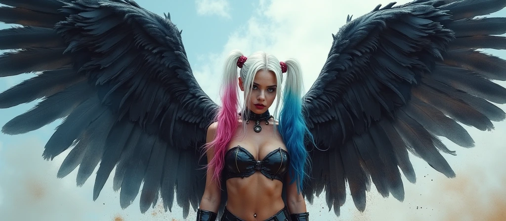 Fallen angel Harley Quinn, with white hair with bright pink and bright blue extensions,gigantic black feather wings ready to fly, wings are completetly visible, her superhero latex costume is unbuttoned, she has just landed, the dust swings up. cinematic, epic realism,8K, highly detailed, sad seductive vibe, dreamy vibe, oil painting with visible brush strokes, hyper realistic watercolor masterpiece, drawing, abstract art