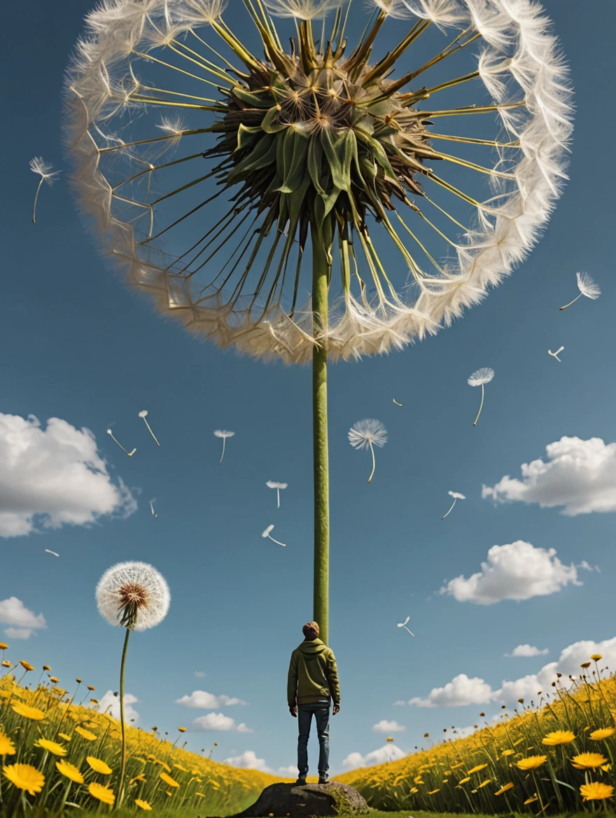 tiny man standing under a giant dandelion