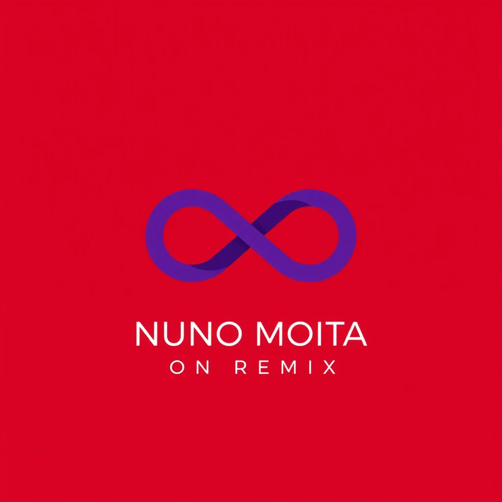 A minimal logo with a purple "R" litter morphed inside an infinity symbol. Below the logo, the text "NUNO MOITA ON REMIX" is written in a modern, sans-serif font. The logo is centered and has a negative space around it. The design follows the golden ratio and has a flat2d style. The background is red.