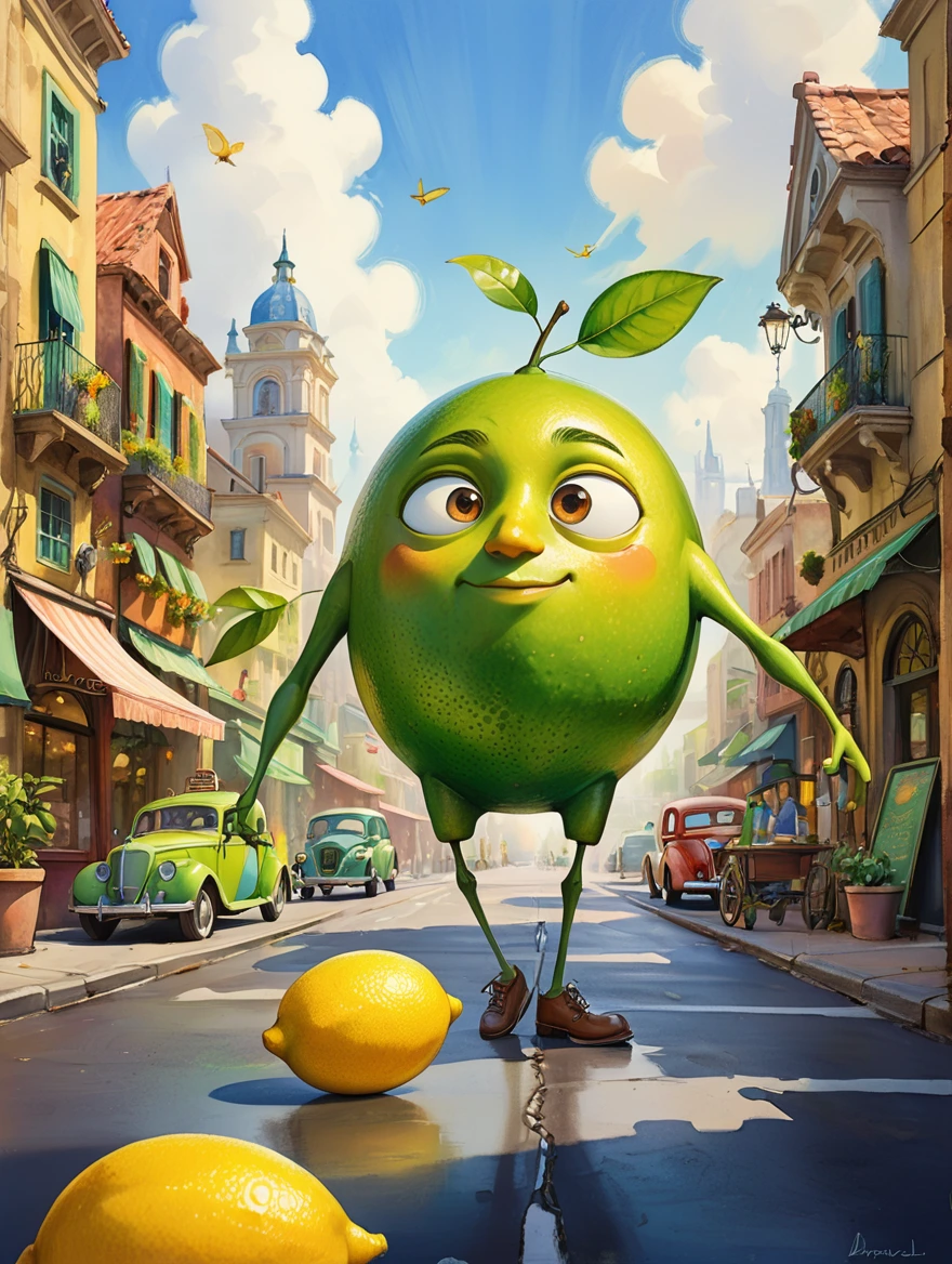 A stunning hyper-realistic watercolor masterpiece in the whimsical Pixar animation style, of a lemon and a lime. Every brushstroke captures intricate details, from the charming characters to the bustling cityscape, creating a mesmerizing visual experience that blurs the line between fantasy and reality. The harmonious combination of vibrant hues and delicate brushwork transports you to a magical world where imagination knows no bounds. Prepare to be enchanted by this captivating piece of art.