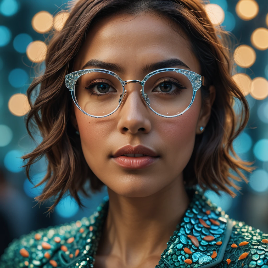 A close-up shot of a glamorous woman wearing glasses that resemble tiny fish tanks, captured with high-quality lighting to enhance her features. The depth of field is shallow, highlighting intricate details with stunning clarity in 32k resolution.