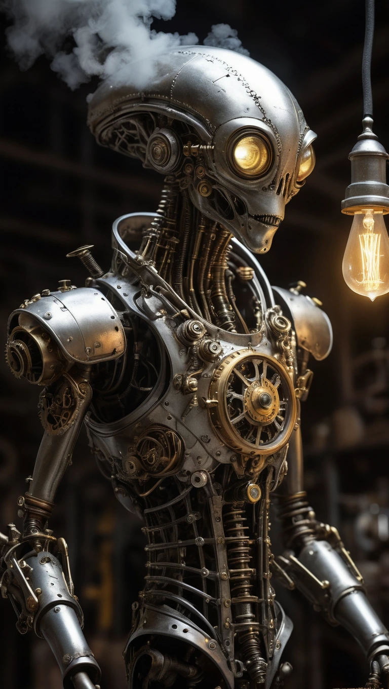 A mysterious Steampunk alien with intricate silver and brass gears and tubes, adorned in a tattered Victorian-era coat, emerges from a cloud of steam in a dimly lit industrial workshop. The alien's glowing, multi-faceted eyes gaze into the distance as gears turn and whir, creating an otherworldly atmosphere of technology and intrigue. The steam dissipates, revealing the alien's metallic exoskeleton, reflecting the soft glow of flickering gas lamps, casting eerie shadows and highlights against the worn wooden workbenches and tools strewn about.