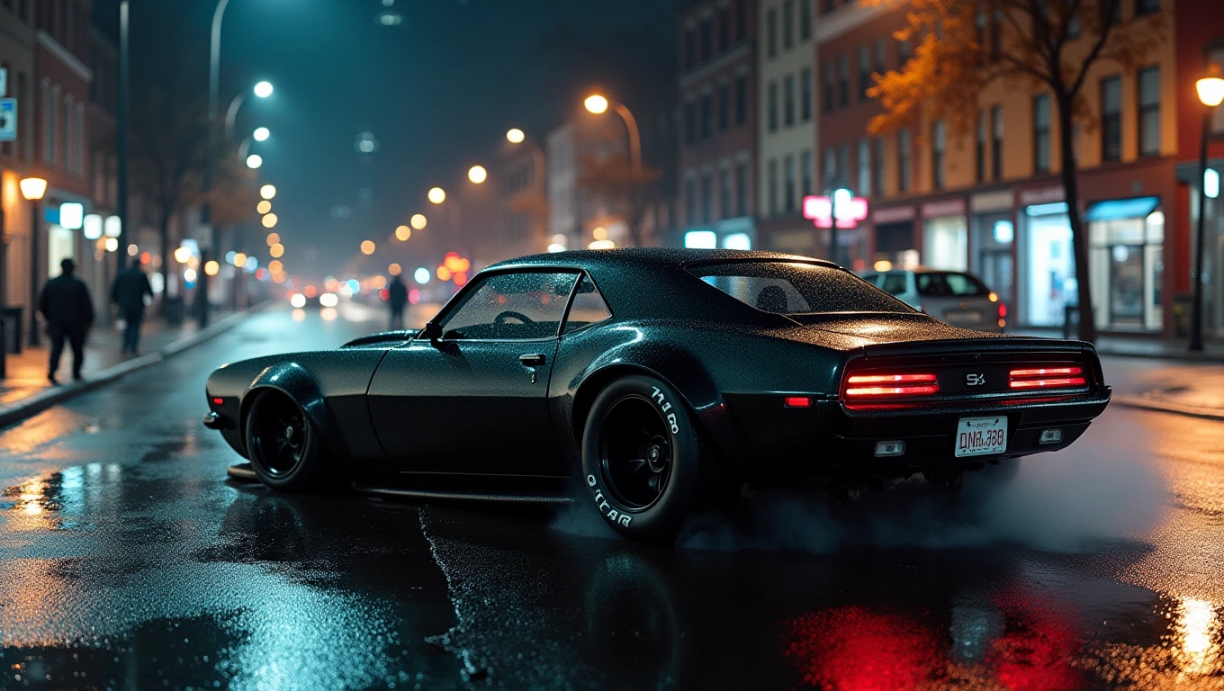 A sleek custom musclepunk muscle car on a wet city street at night, reflecting the lights of the surrounding buildings and streetlights. Artistic molded fiberglass body bulging with the appearance of human bodybuilder muscles. Squealing tires and a cloud of black smoke on the asphalt.