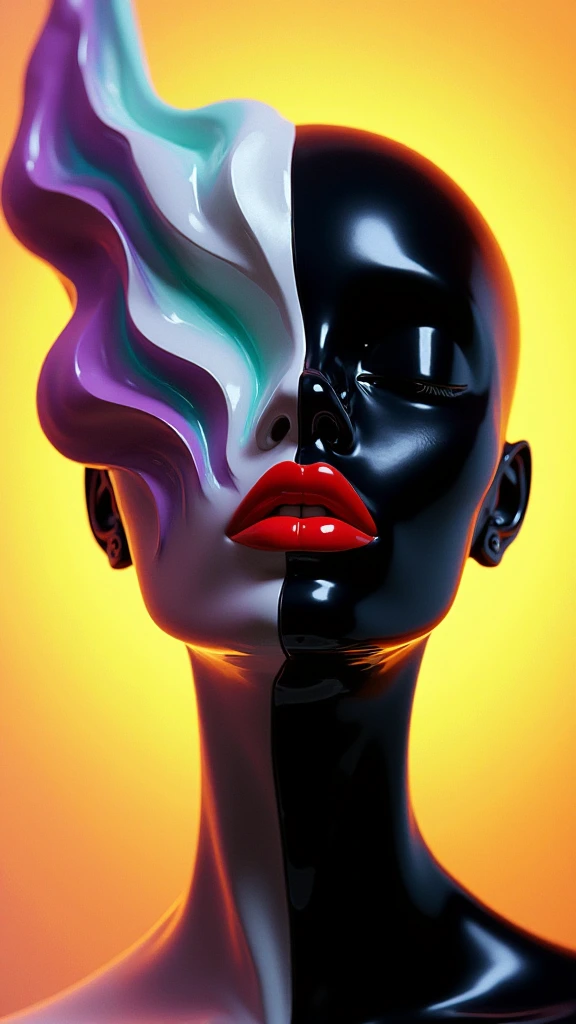 A surreal digital illustration of a glossy stylized human face with closed eyes made up of abstract, fluid shapes, with a combination of smooth, flowing lines and sharp geometric edges. The left side of the face is formed by a mix of colorful, swirling liquid shapes moving upwards in shades of purple, teal and white and covering half of the face entirely, while the right side features a more rigid, black, separated sharply in the middle. sculpted form with minimalist features. The lips are bright red and glossy, positioned centrally, creating a striking focal point. The background is a gradient that transitions from warm yellow-orange at the center to a darker shade at the edges, giving a glowing effect behind the abstract face. The overall style is futuristic and artistic, with a strong emphasis on contrast and symmetry.