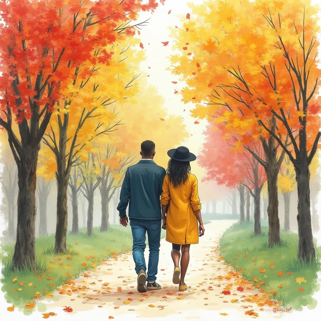 A crayon drawing of an African American couple walking in a park in nice fall scene