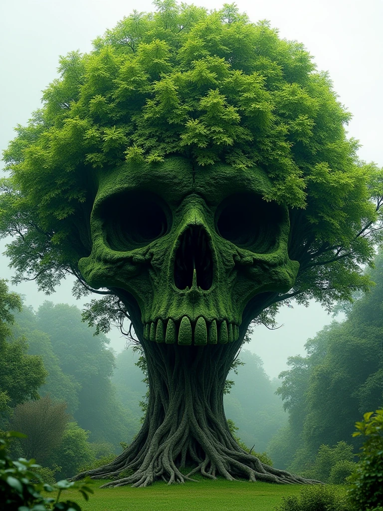 A breathtakingly realistic 8K resolution photograph of a large, lush tree in a tranquil forest setting. The dense canopy of green leaves at the top of the tree has been meticulously arranged to form the subtle yet unmistakable outline of a demonic skull face. The skull is crafted entirely from the natural shapes and textures of the leaves, with the background forest visible through the spaces between the leaves to create the impression of the skull's features. The design is remarkably intricate, requiring close inspection to fully discern the eerie visage hidden within the treetop. The lighting is natural and the details are crisp, creating a sense of photographic realism. Everything about the image, from the tree's majestic form to the unsettling skull hidden within, should captivate the viewer's attention.