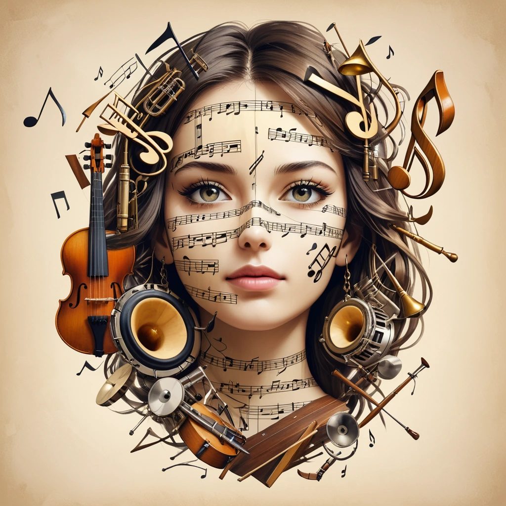 Create a womans face, pieced together from broken musical instruments and music notes