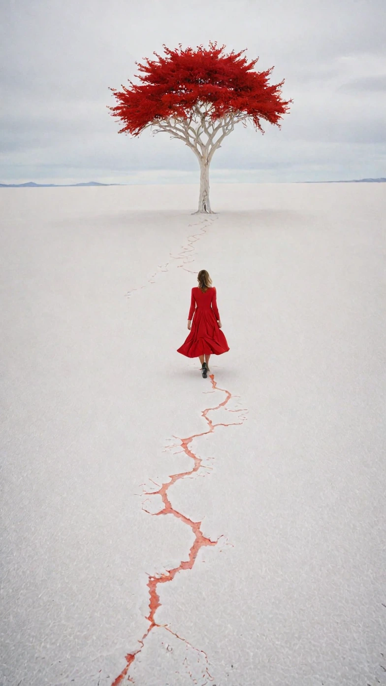 A whimsical and surreal photograph of a woman in a red dress walks in a white salt desert, surrounded by red tree inspired by Scarlett Hooft Graafland,